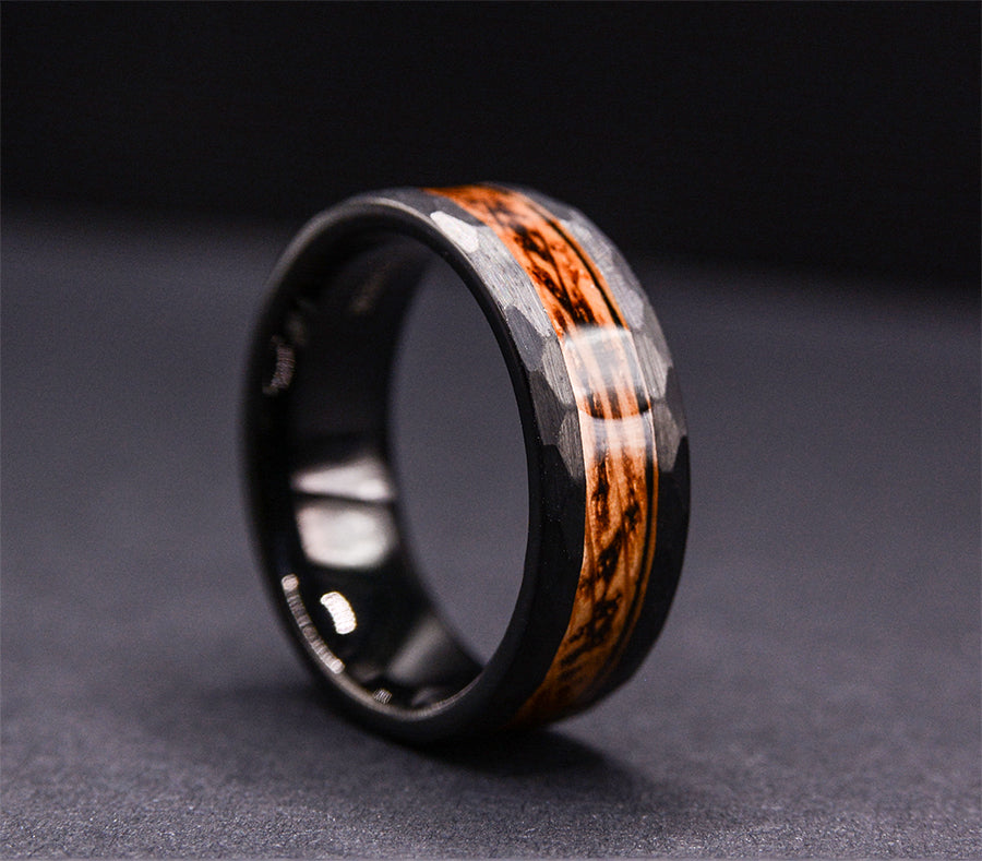 Black Whiskey Barrel Ring Mens Wedding Band Hammered Ring, Wood Ring H –  Atlas Artisan Designs